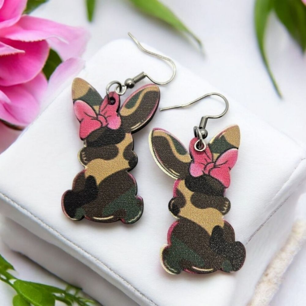 Pink Bow Camo Easter Bunny Rabbit Earrings Spring Wood Dangle Womens Jewelry NEW
